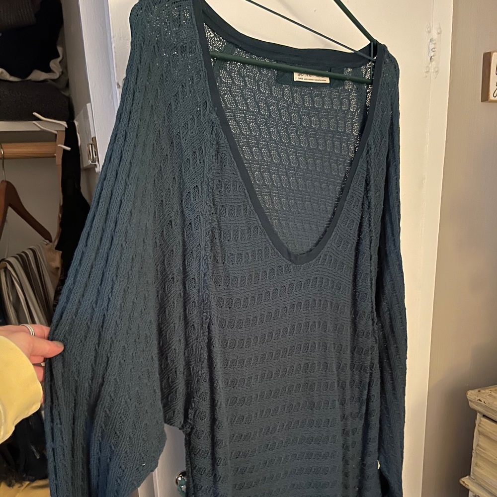 Lightweight Deep V-Neck Knit Sweater in Grayish Teal